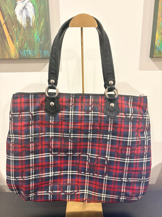 Coach 2011 18713 Poppy Tote Bag - Red Black Tartan Plaid Signature Print - Image 2