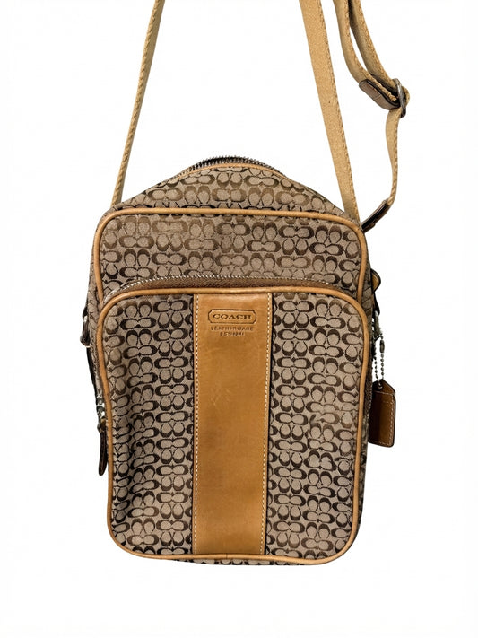 Coach Signature Stripe Vertical Messenger Bag - Khaki & Brown Crossbody - Image 1