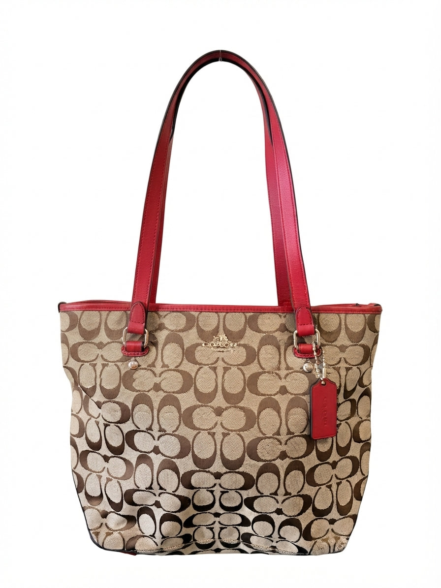 VVA346 - Coach 2015 F36375 Signature Canvas Tote Bag - Khaki Monogram with Red Leather Trim - Image 1