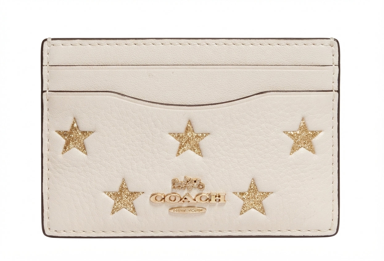 Coach Card Case - Chalk Leather With Gold Star Print - Image 1