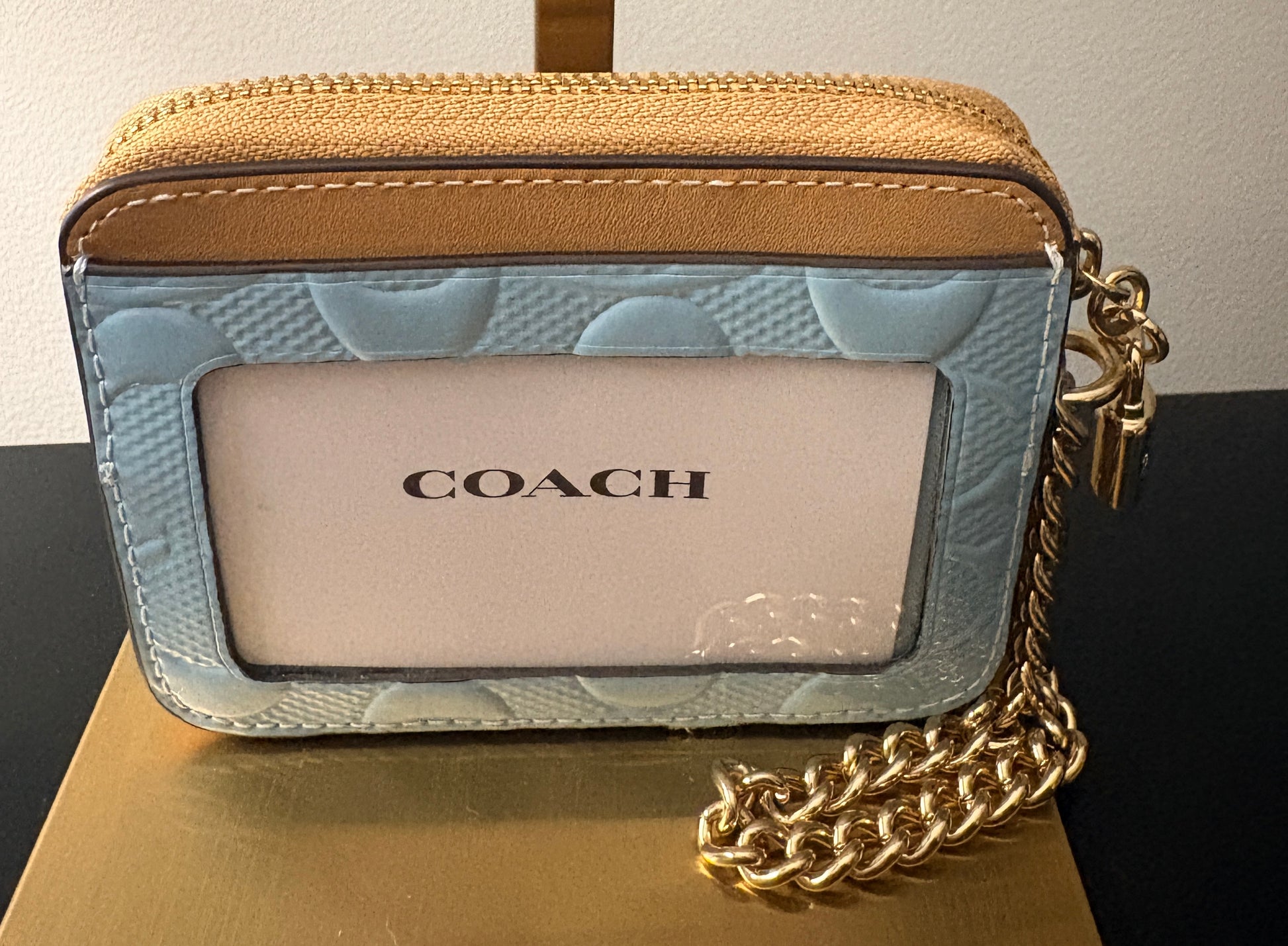 Coach Zip Card Case - Signature Embossed Leather Light Blue & Tan - Image 2