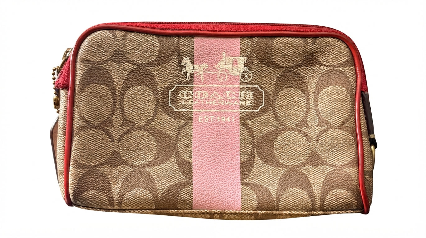 Coach Signature Stripe Cosmetic Case - Tan And Pink Heritage Pouch - Image 1