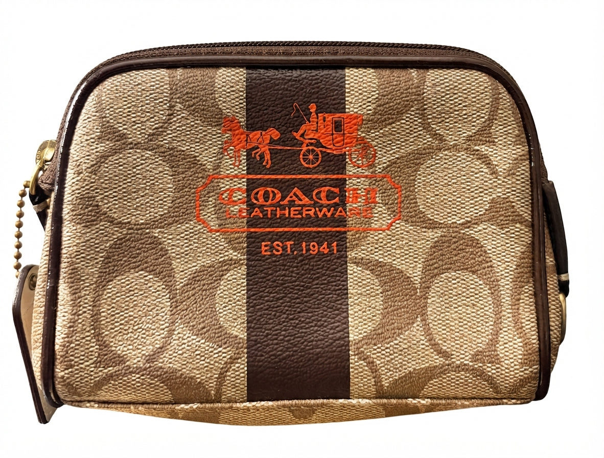 Coach Signature Canvas Cosmetic Case - Brown Horse & Carriage Logo - Image 1