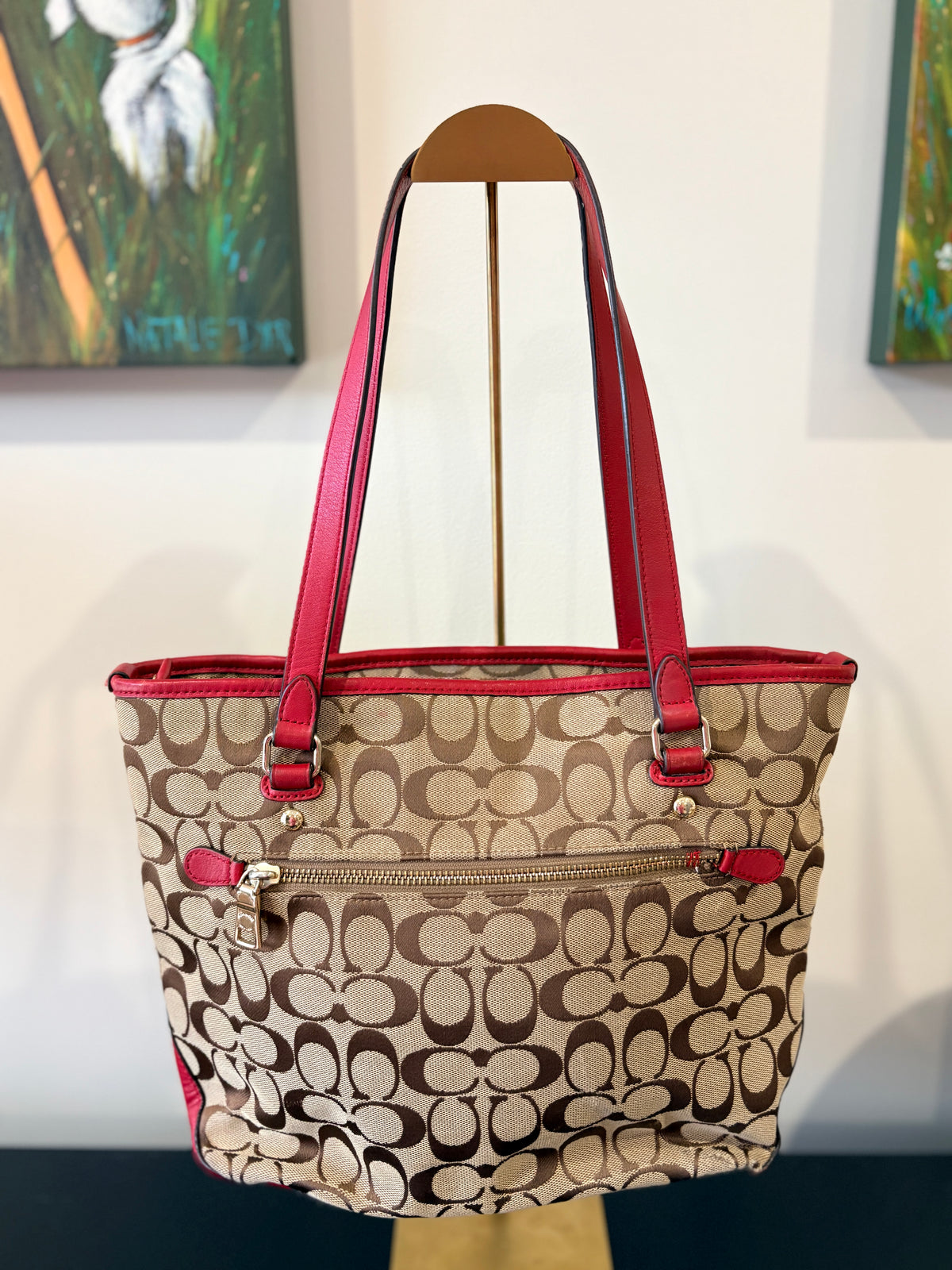 VVA346 - Coach 2015 F36375 Signature Canvas Tote Bag - Khaki Monogram with Red Leather Trim - Image 2