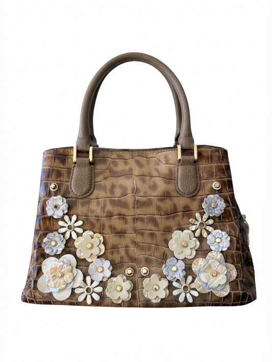 Leather Jewels Croc-Embossed Satchel - Floral Applique Tan Leather Handbag - Image 1