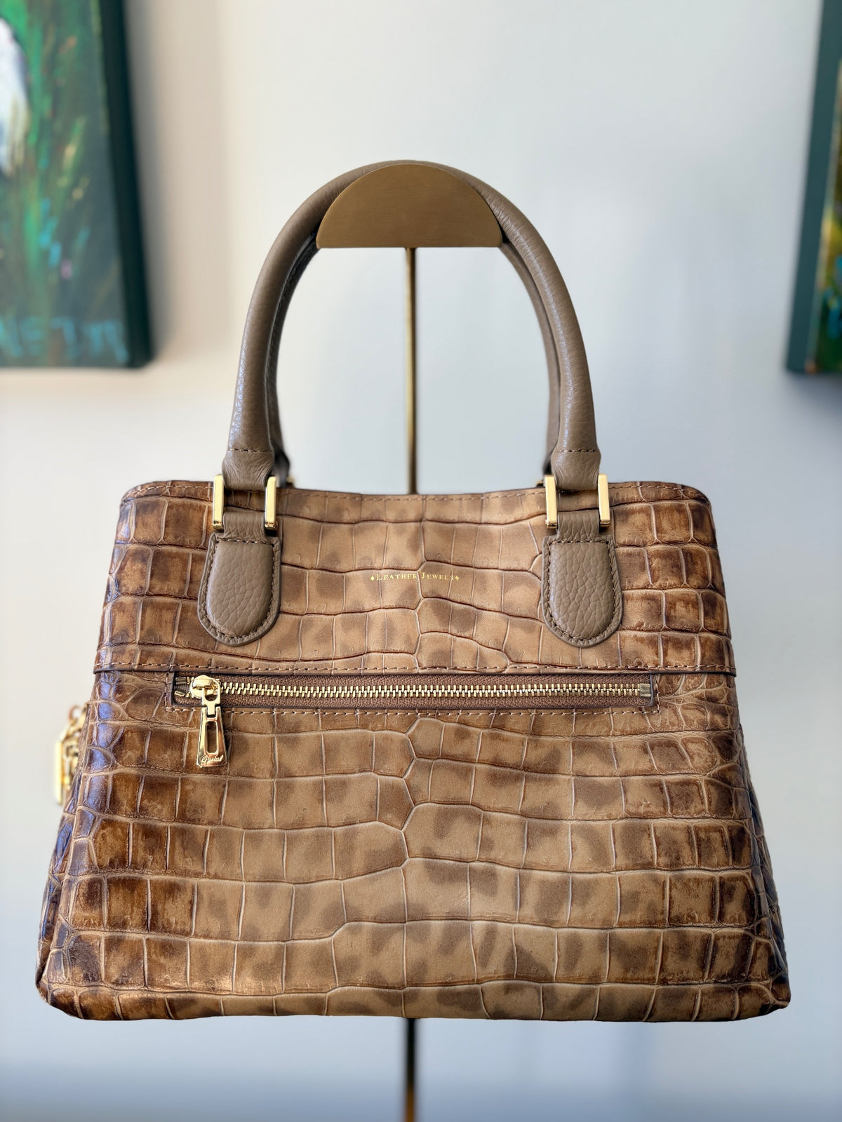 Leather Jewels Croc-Embossed Satchel - Floral Applique Tan Leather Handbag - Image 2