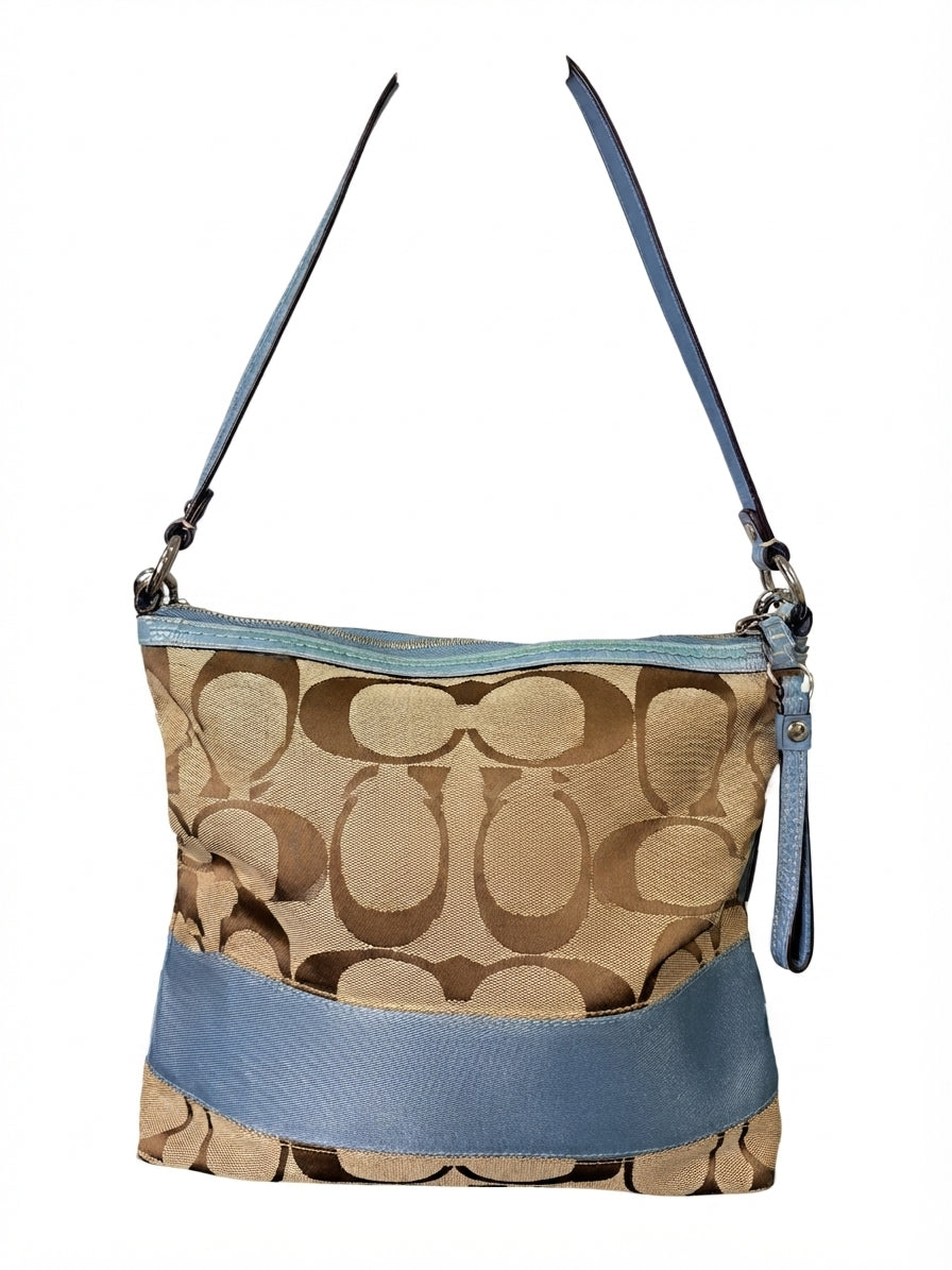 Coach 2009 F13674 Signature Stripe Hobo Bag - Khaki and Blue Canvas Shoulder Bag - Image 1