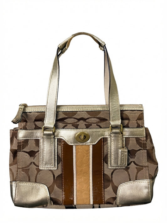 Coach 2007 11620 Hampton Signature Stripe Turnlock Tote Bag - Metallic Gold & Brown - Image 1