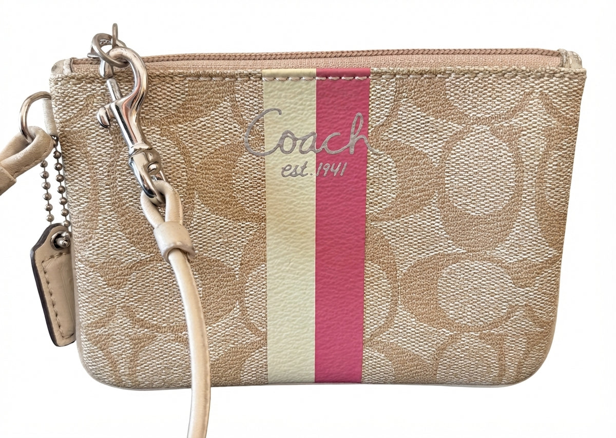 VVA396 - Coach Signature Stripe Wristlet - Tan and Pink Canvas Zip Pouch - Image 1