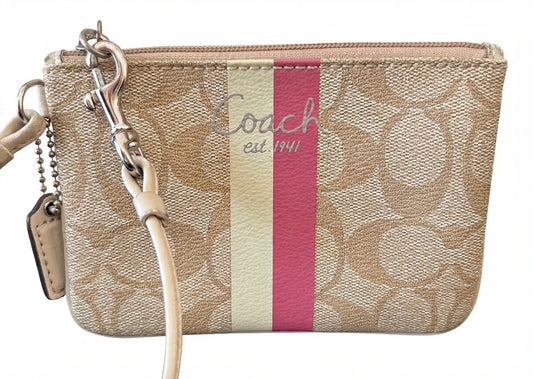 VVA396 - Coach Signature Stripe Wristlet - Tan and Pink Canvas Zip Pouch - Image 1