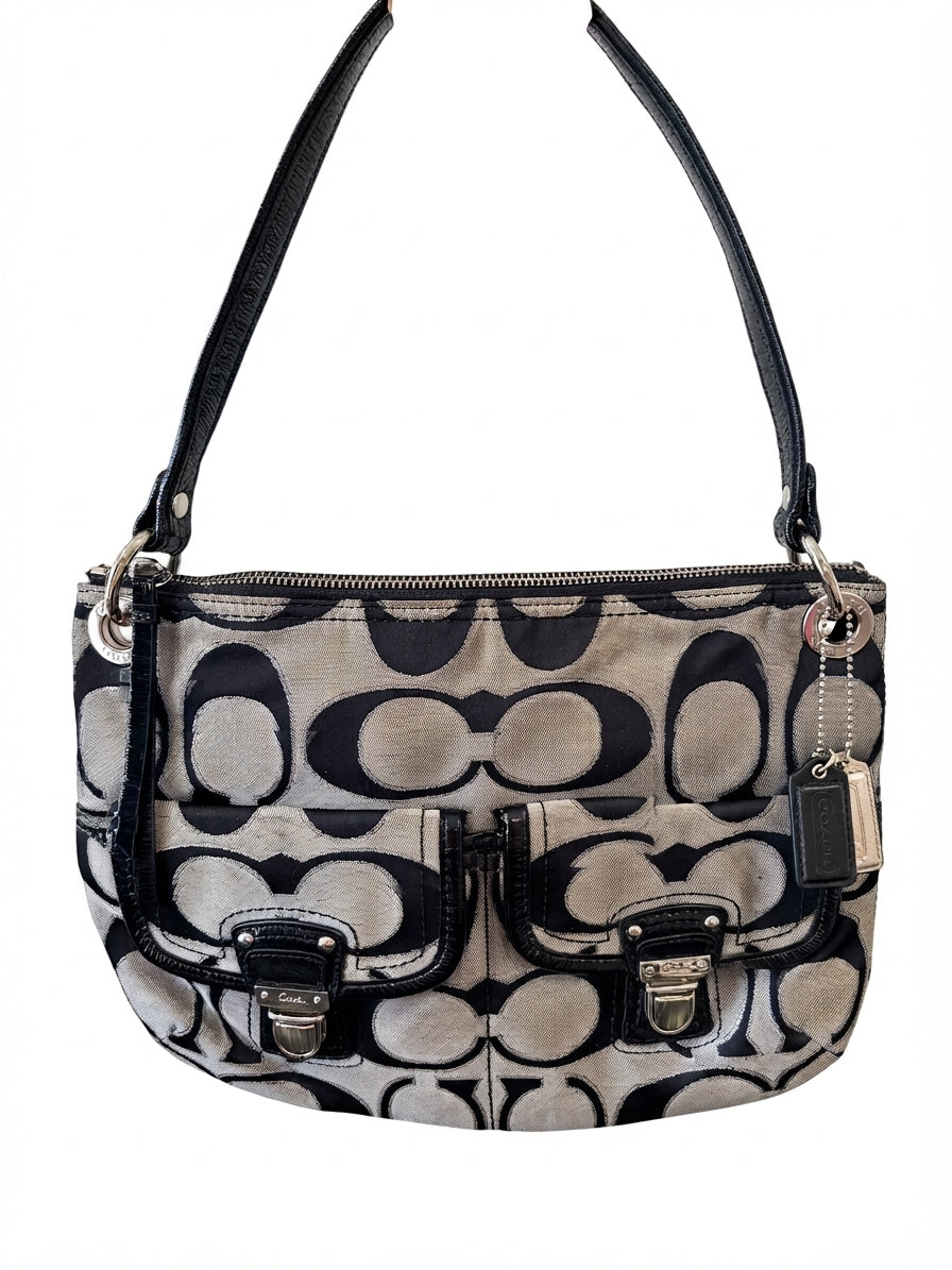 VVA377 - Coach 2011 18980 Signature Hobo Bag - Classic Black and Grey Monogram with Front Pockets - Image 1