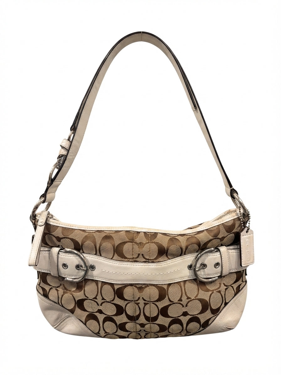 Coach 2006 7077 Signature C Buckle Hobo Shoulder Bag - Brown Monogram & White Leather - Image 1