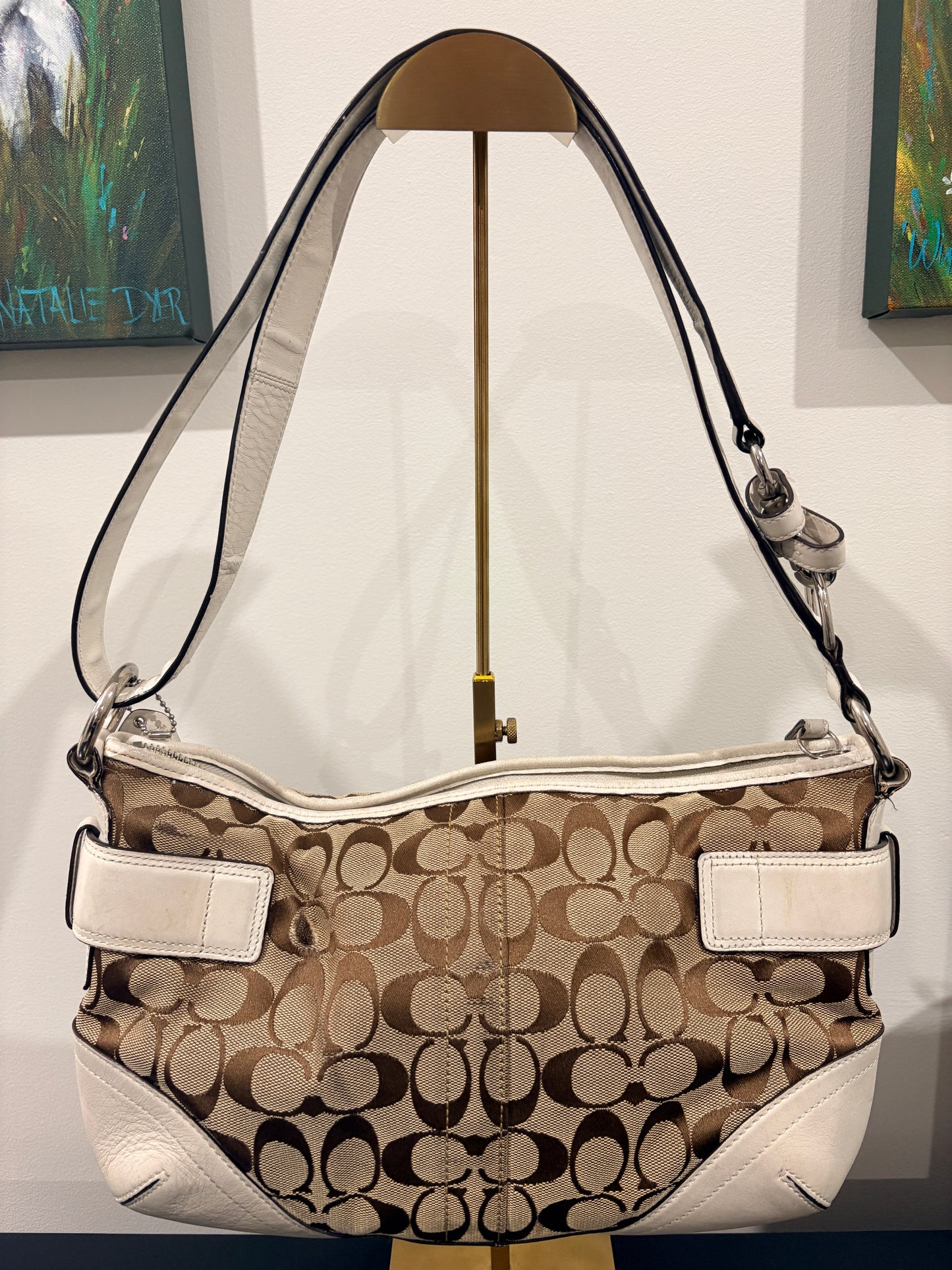 Coach 2006 7077 Signature C Buckle Hobo Shoulder Bag - Brown Monogram & White Leather - Image 2