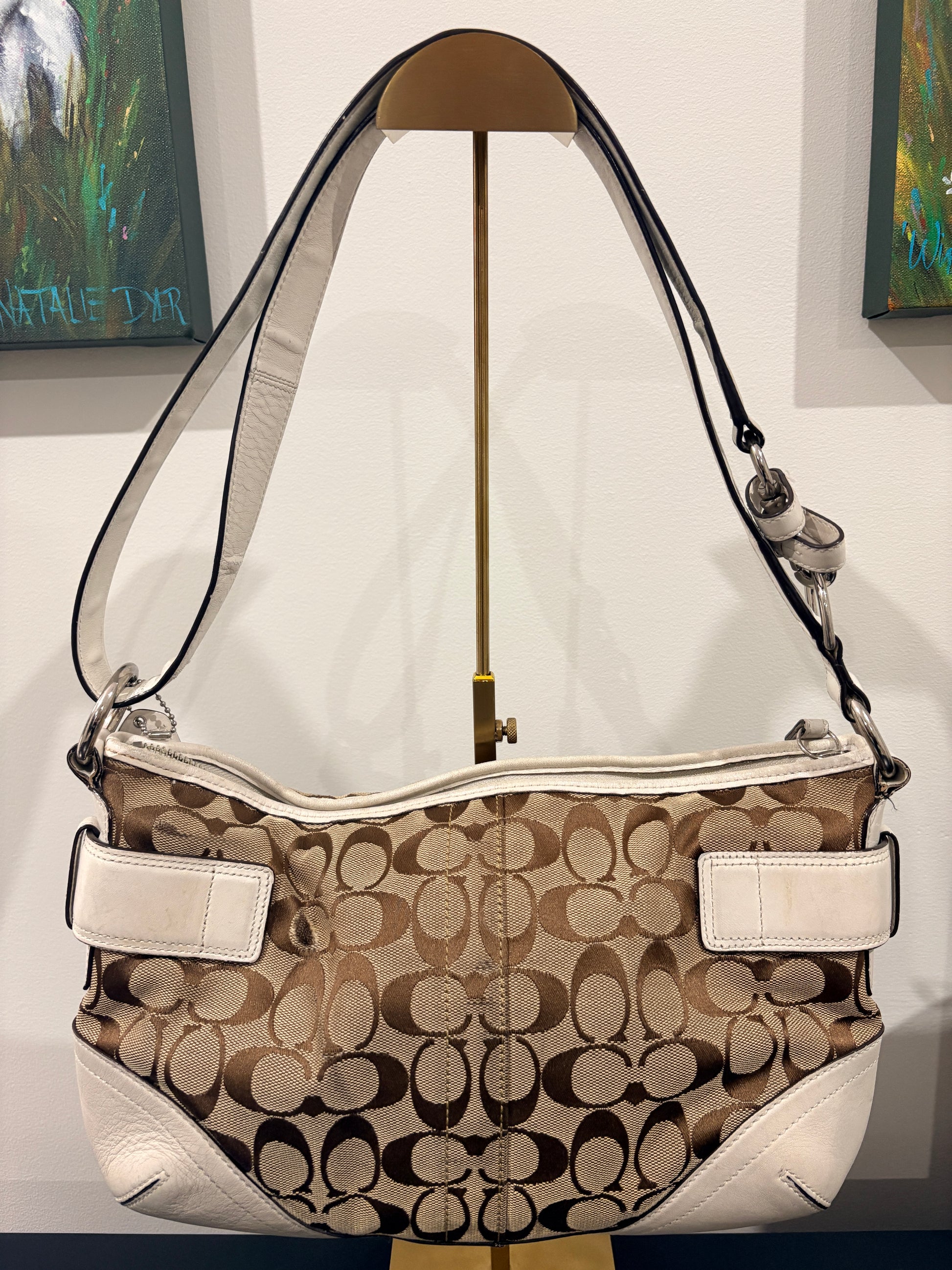 Coach 2006 7077 Signature C Buckle Hobo Shoulder Bag - Brown Monogram & White Leather - Image 2