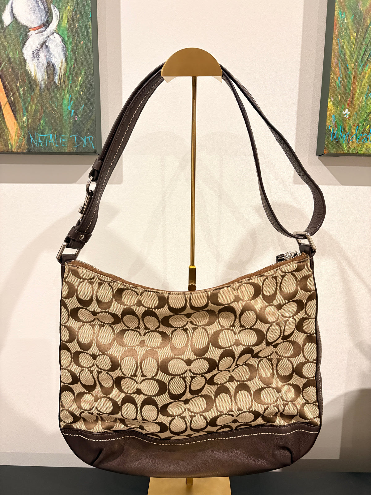 Signature C Hobo Bag - Brown Canvas Shoulder Bag With Turnlock Detail - Image 2