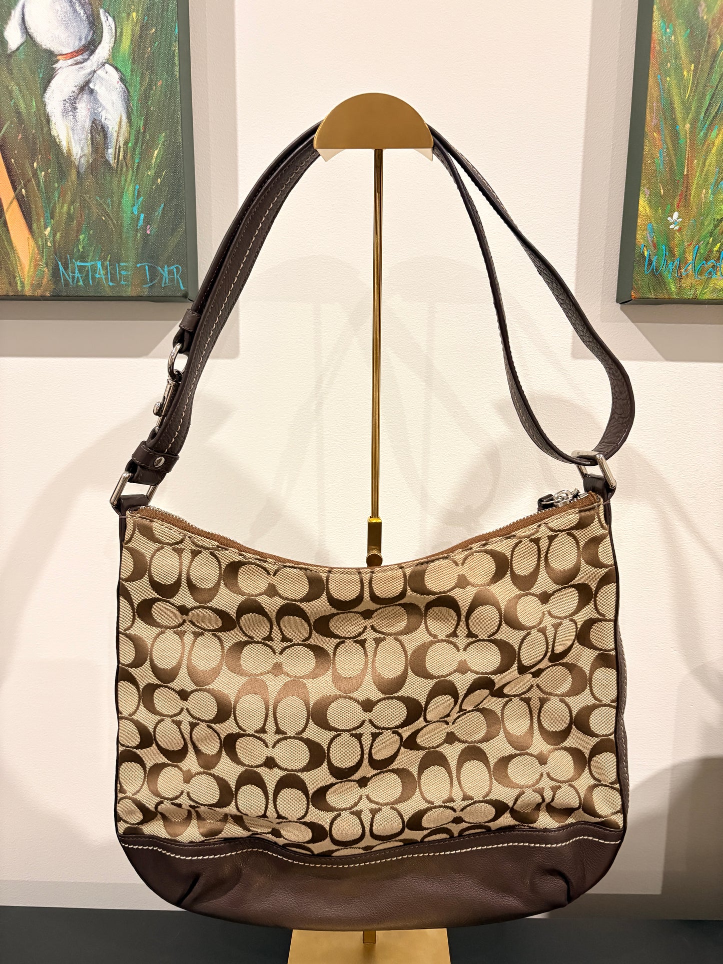 Signature C Hobo Bag - Brown Canvas Shoulder Bag With Turnlock Detail - Image 2
