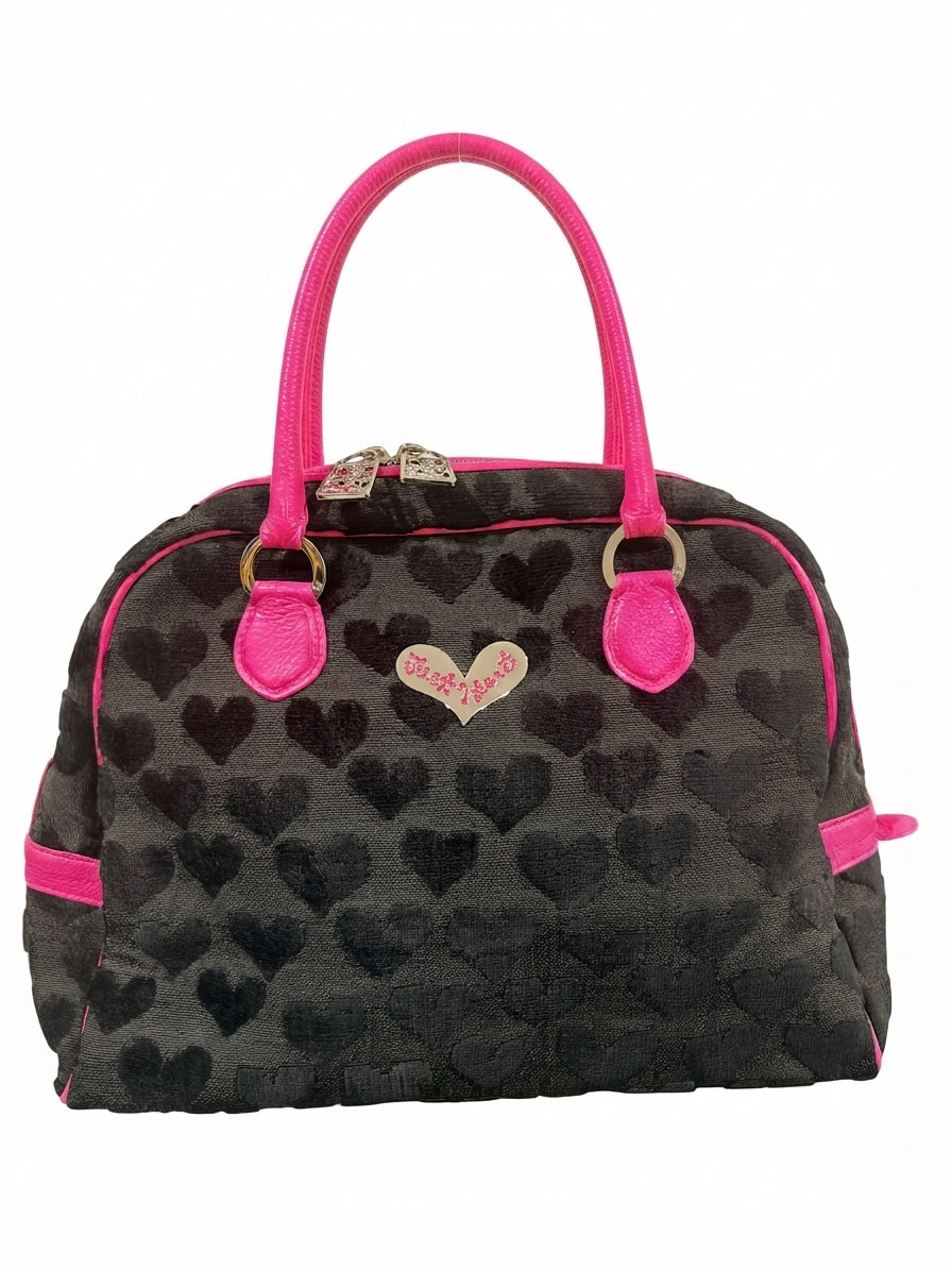 Think Bee! Black Heart Pattern Satchel - Hot Pink Trim - Image 1
