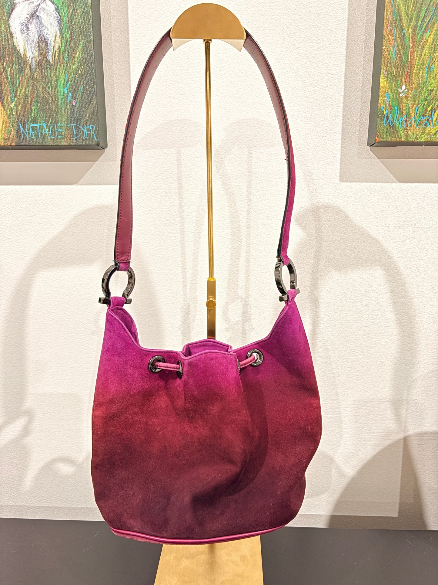 Salvatore Ferragamo Vintage Magenta Suede Gancini Bucket Shoulder Bag - Made in Italy - Image 2