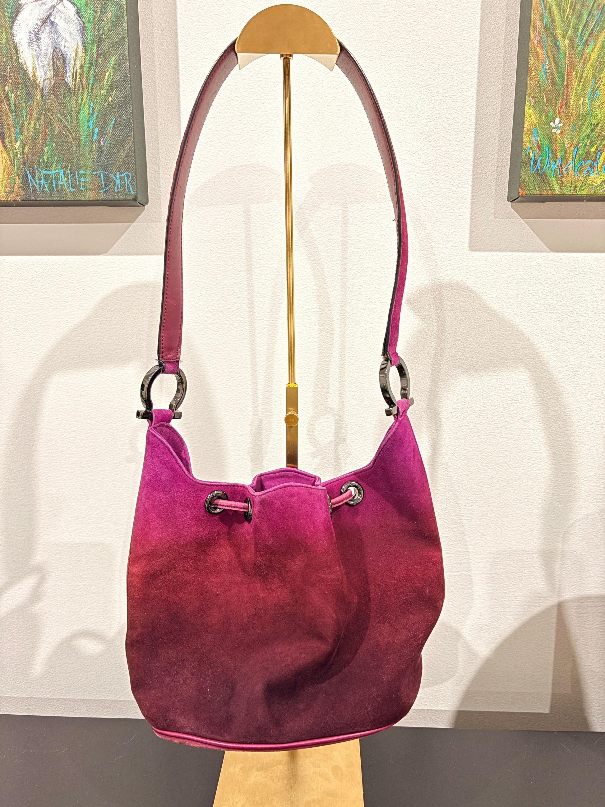 Salvatore Ferragamo Vintage Magenta Suede Gancini Bucket Shoulder Bag - Made in Italy - Image 2