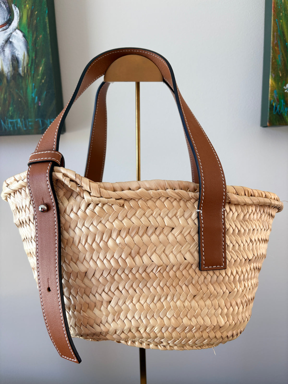 Loewe Small Basket Bag In Palm Leaf And Calfskin - Tan - Image 2