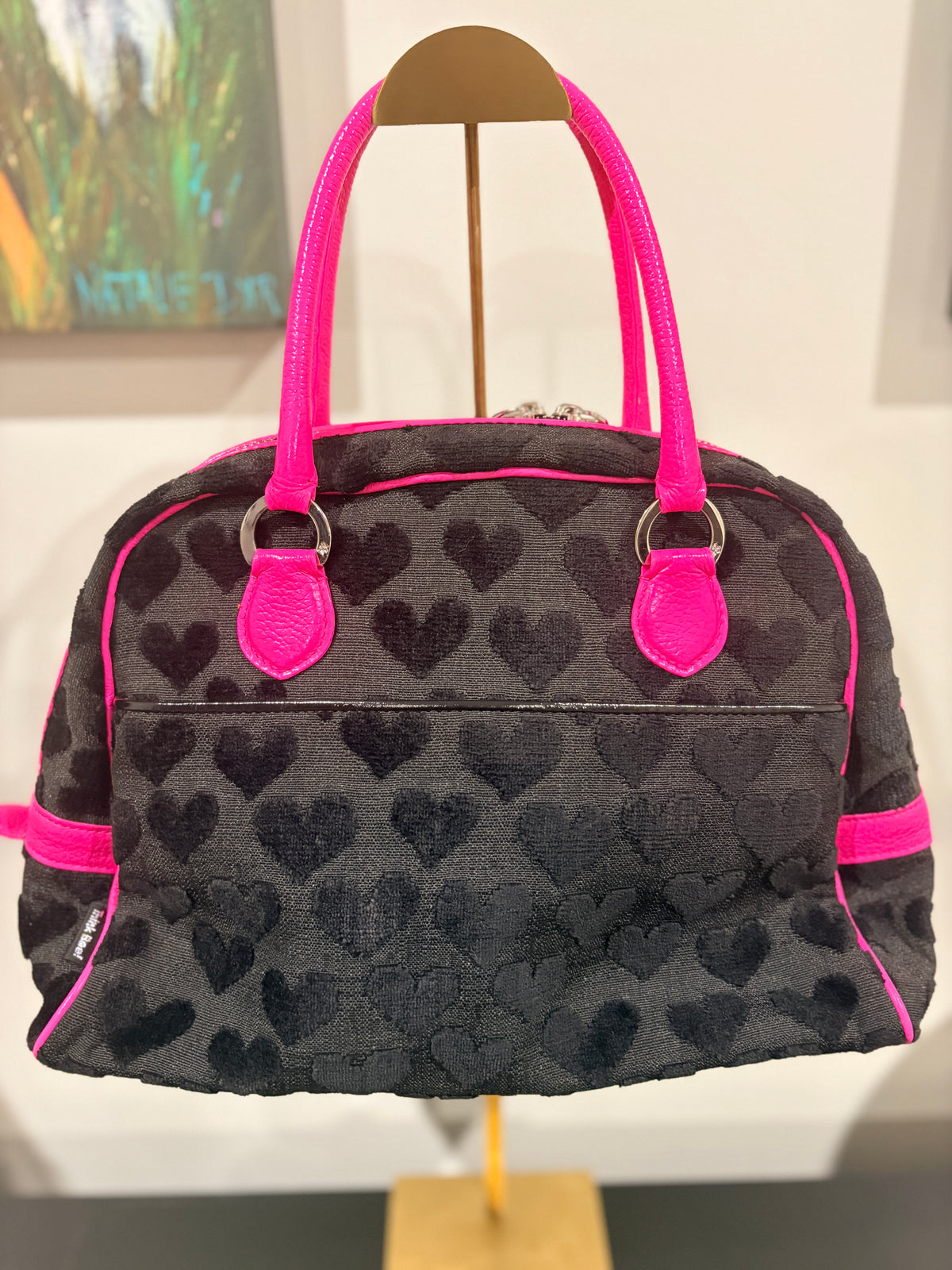 Think Bee! Black Heart Pattern Satchel - Hot Pink Trim - Image 2