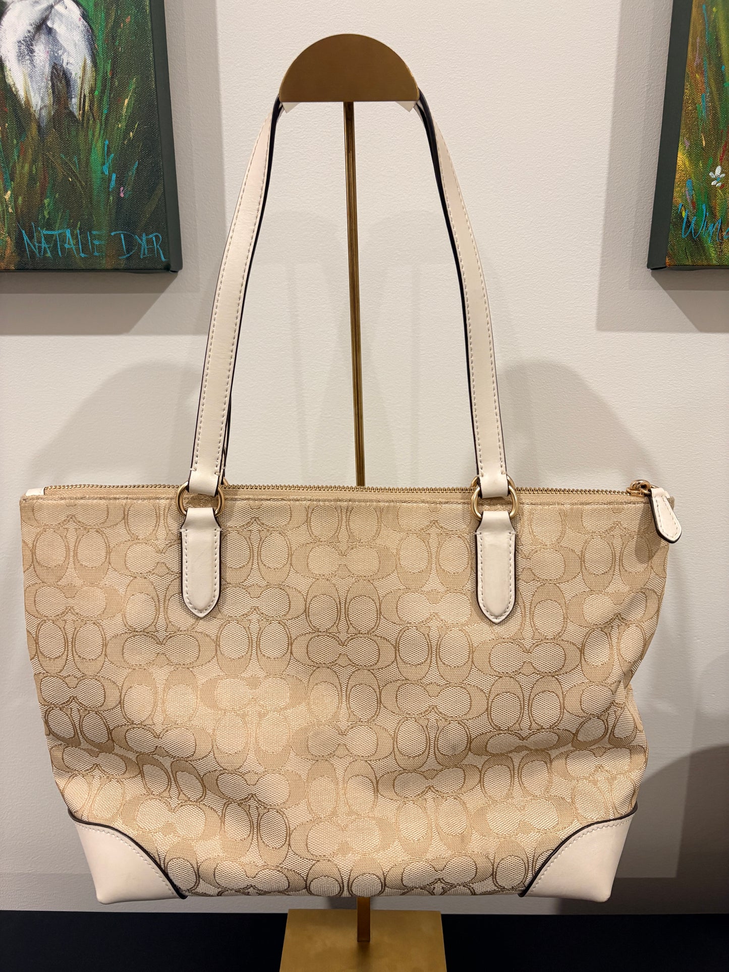Coach 2022 CG977 Signature Zip Top Tote Bag - Khaki and Chalk - Image 2