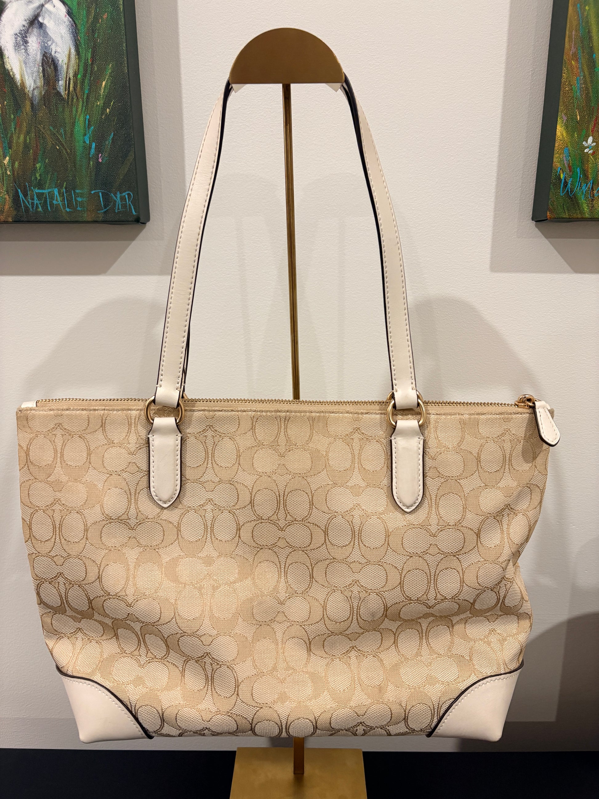 Coach 2022 CG977 Signature Zip Top Tote Bag - Khaki and Chalk - Image 2