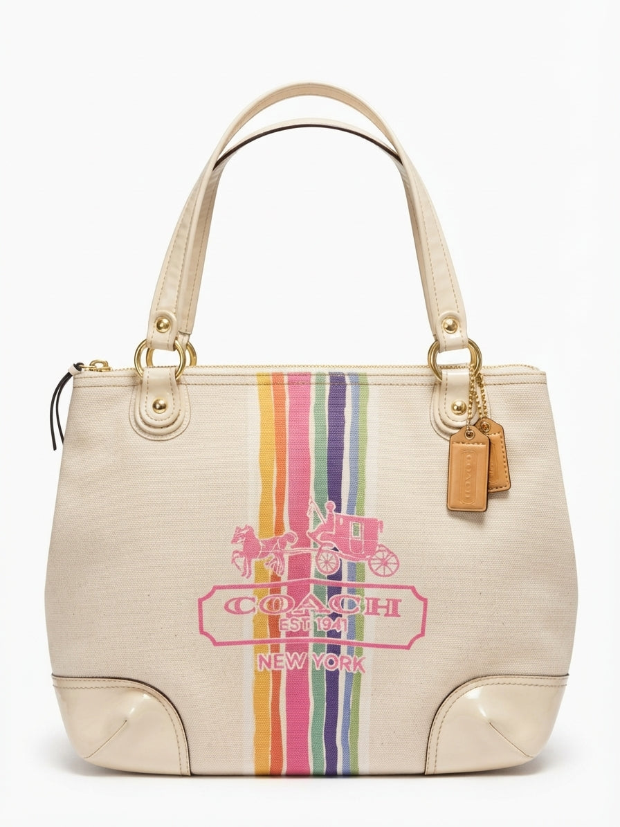VVA339 - Coach 2011 19615 Heritage Stripe Canvas Tote Bag - Vibrant Rainbow Detail - Image 1